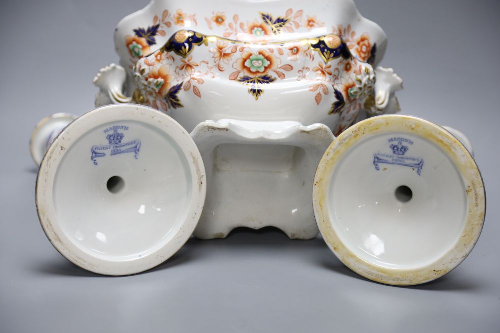 A pair of Masons Ironstone Flying Bird pattern candlesticks and a 19th century Imari pattern tureen (a.f.)